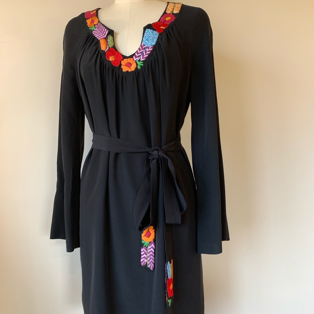 Trina Turk Black Dress with Colorful Embroidery and Matching belt